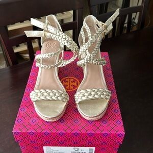 Gold Tory Burch Leather Wedges